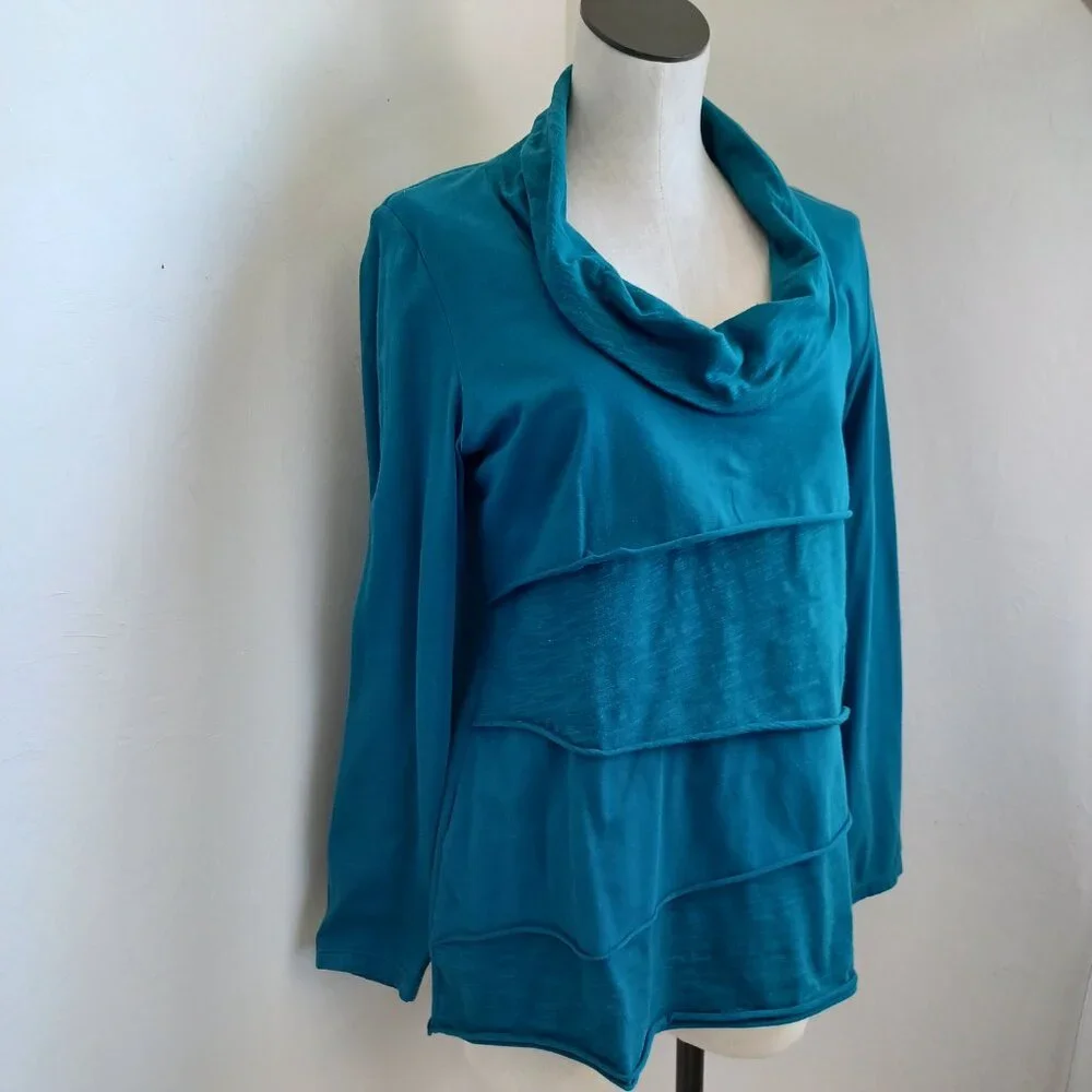 Soft Surroundings Womens‎ Teal Blue Cowl Neck Tiered Long Sleeve Top Size S